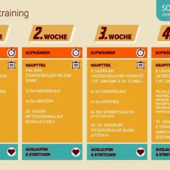 Trainingsplan für vier Wochen zur Steigerung der grundlagenausdauer. Jede Woche beinhaltet Aufwärmen, Hauptteil mit Laufen und Steigerungsläufen, sowie Auslaufen & Stretchen.