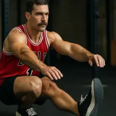 Mann in rotem Tanktop macht Pistol Squat in einem Fitnessstudio.