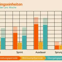 Balkendiagramm zeigt Trainingsstunden pro Woche für Kraft, Sprint, Ausdauer und Sprungkraft. Sprintausdauer trainieren wird in der Wettkampfperiode am intensivsten.