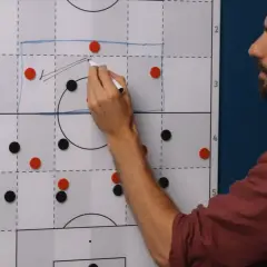 Trainer erklärt eine 4-1-3-2 Formation auf einem Taktikboard. Rote und schwarze Magnete stellen Spieler dar.