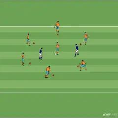 Fußballtraining mit mehreren Spielern und Hütchen auf einem grünen Feld. Dieses Setup hilft, die **Ausdauer verbessern in 2 Wochen** durch dynamische Übungen.