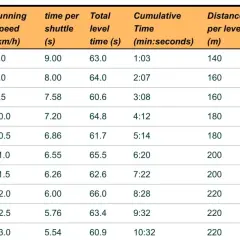 Tabelle mit der Auswertung des Beep-Tests in der Schule: Level, Shuttles, Laufgeschwindigkeit, Zeit pro Shuttle, Gesamtzeit, kumulative Zeit, Distanz pro Level und kumulative Distanz.