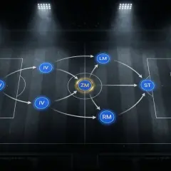 Fußball Formation: TW, IV, ZM, LM, RM, ST. Schematische Darstellung einer Fußballformation auf einem Spielfeld mit leuchtenden Positionen und Pfeilen, die Bewegungen anzeigen.