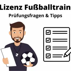 Ein Fußballtrainer mit Ball und Notizblock, bereit für die Prüfung zur A-Lizenz. Checkliste und Stift symbolisieren die Vorbereitung.