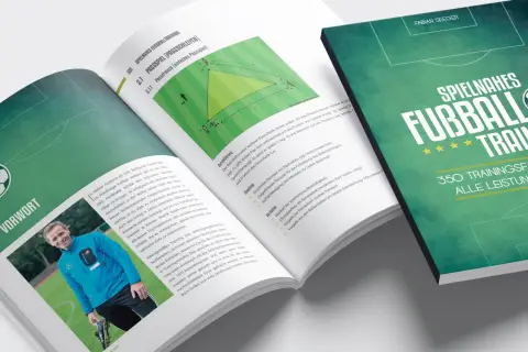 DFB Training: Buch mit Fußballübungen und Trainingsformen. Ein Trainer lächelt, daneben eine Grafik zu Passspielübungen.
