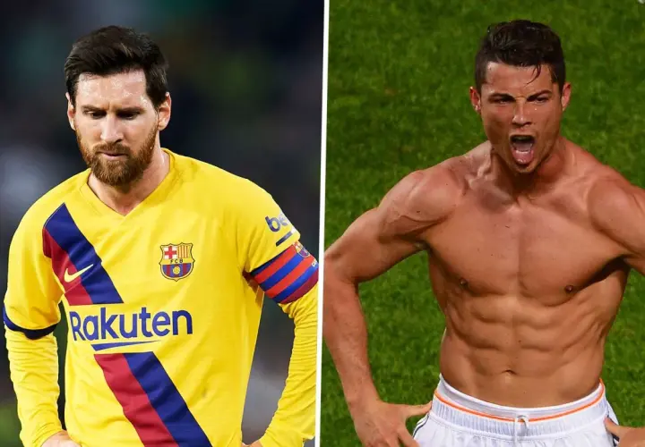 Lionel Messi im gelben Trikot und Cristiano Ronaldo mit beeindruckenden Messi Muskeln, die seine Bauchmuskeln zeigen.