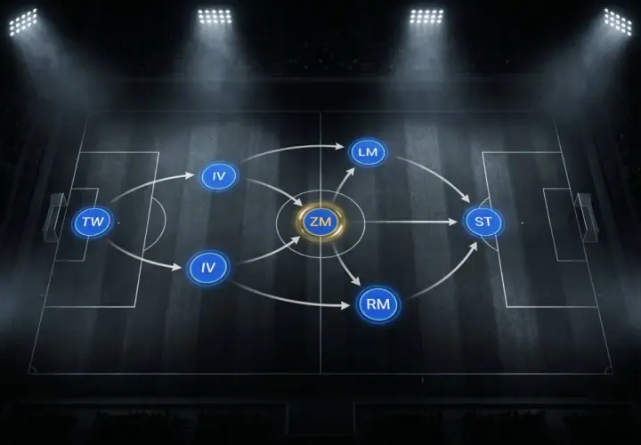 Fußball Formation: TW, IV, ZM, LM, RM, ST. Schematische Darstellung einer Fußballformation auf einem Spielfeld mit leuchtenden Positionen und Pfeilen, die Bewegungen anzeigen.