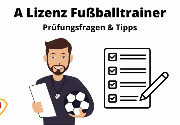 Ein Fußballtrainer mit Ball und Notizblock, bereit für die Prüfung zur A-Lizenz. Checkliste und Stift symbolisieren die Vorbereitung.