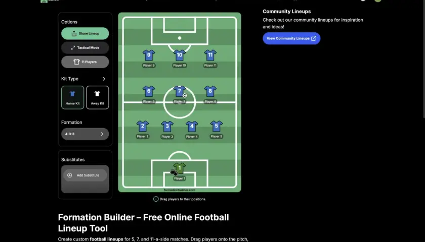 Mit diesem Tool kannst du deine eigene Fußball Aufstellung erstellen. Wähle Spieler, Formation und Trikots für dein Team.