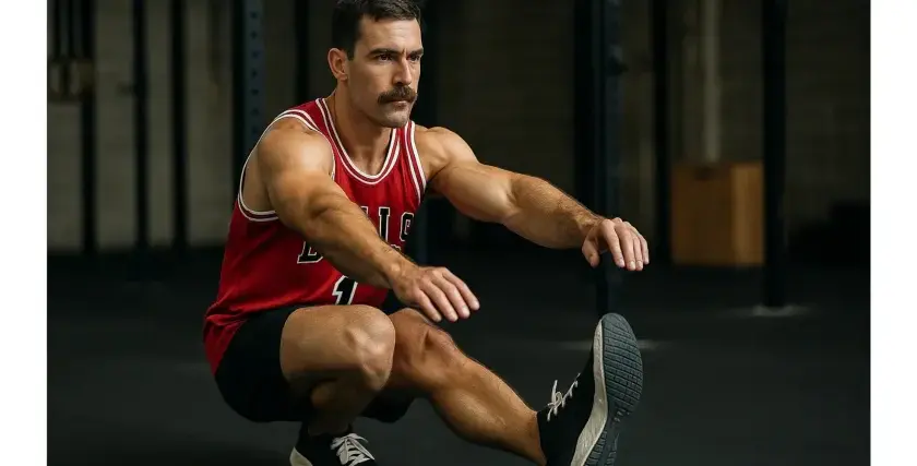Mann in rotem Tanktop macht Pistol Squat in einem Fitnessstudio.