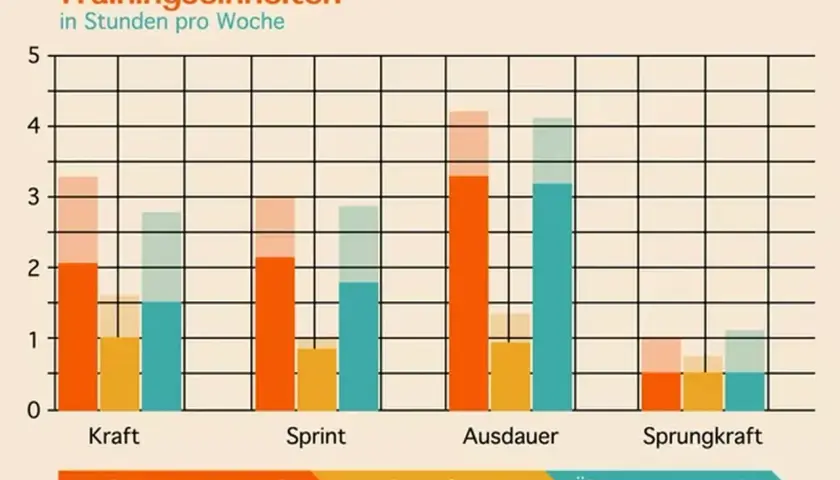Balkendiagramm zeigt Trainingsstunden pro Woche für Kraft, Sprint, Ausdauer und Sprungkraft. Sprintausdauer trainieren wird in der Wettkampfperiode am intensivsten.