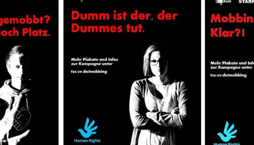 Plakate gegen Mobbing im Verein: "Dumm ist, wer Dummes tut." und "Mobbing? Klar?!". Infos unter tss-sv.de/mobbing.