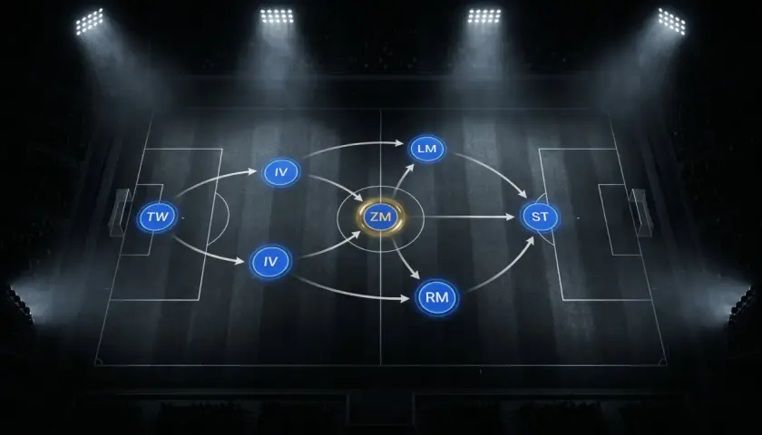 Fußball Formation: TW, IV, ZM, LM, RM, ST. Schematische Darstellung einer Fußballformation auf einem Spielfeld mit leuchtenden Positionen und Pfeilen, die Bewegungen anzeigen.