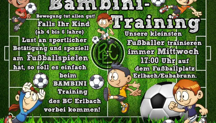 Bambini-Training: Kleine Fußballer (4-6 J.) trainieren mittwochs 17 Uhr auf dem Fußballplatz Erlbach/Eubabrunn. Spaß am Ball!