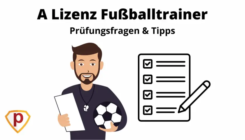 Ein Fußballtrainer mit Ball und Notizblock, bereit für die Prüfung zur A-Lizenz. Checkliste und Stift symbolisieren die Vorbereitung.