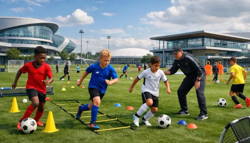 Kinder beim Athletiktraining auf einem Fußballfeld, mit einem Trainer, der Anweisungen gibt.
