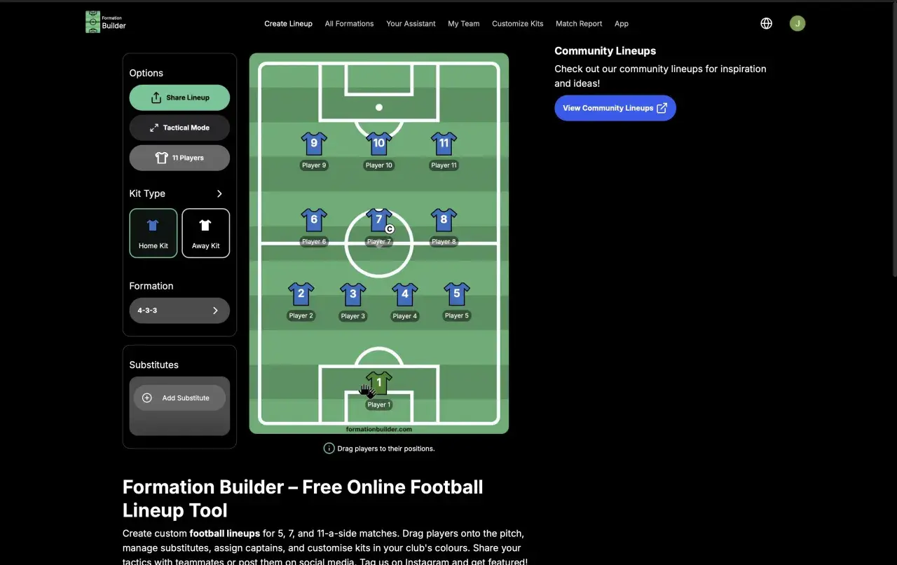 Mit diesem Tool kannst du deine eigene Fußball Aufstellung erstellen. Wähle Spieler, Formation und Trikots für dein Team.