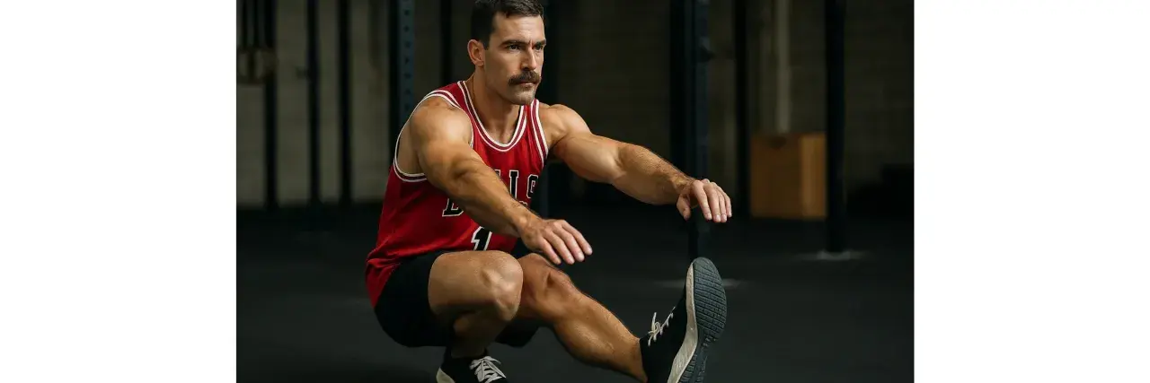 Mann in rotem Tanktop macht Pistol Squat in einem Fitnessstudio.