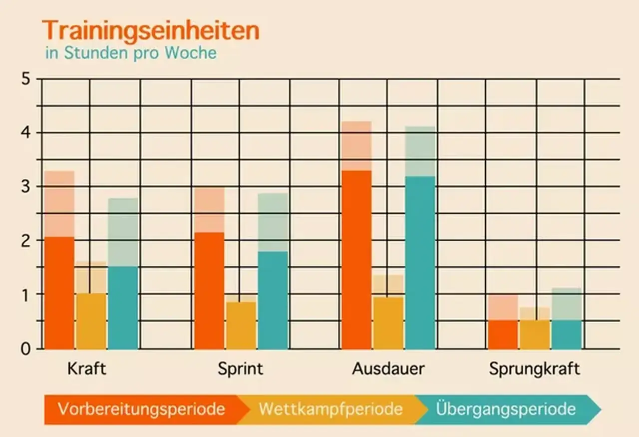Balkendiagramm zeigt Trainingsstunden pro Woche für Kraft, Sprint, Ausdauer und Sprungkraft. Sprintausdauer trainieren wird in der Wettkampfperiode am intensivsten.