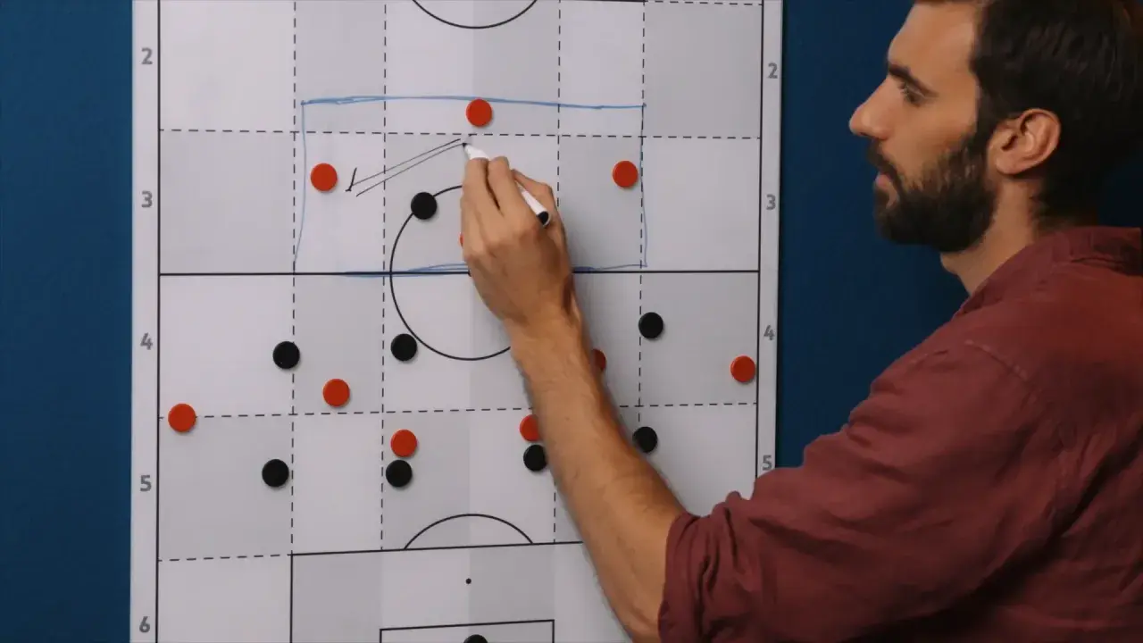 Trainer erklärt eine 4-1-3-2 Formation auf einem Taktikboard. Rote und schwarze Magnete stellen Spieler dar.