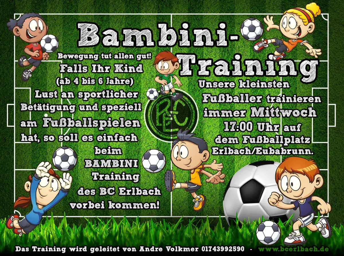 Bambini-Training: Kleine Fußballer (4-6 J.) trainieren mittwochs 17 Uhr auf dem Fußballplatz Erlbach/Eubabrunn. Spaß am Ball!
