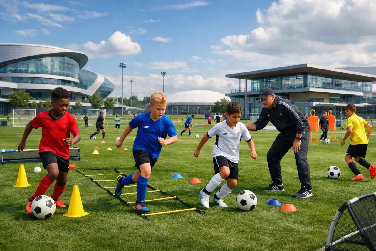 Junge Fu&szlig;baller im Athletiktraining auf einem gr&uuml;nen Feld, trainiert von einem Coach.