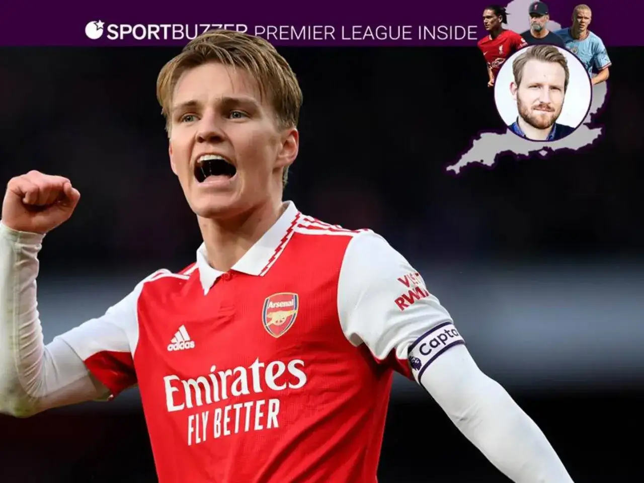 Martin &Oslash;degaard jubelt im Arsenal-Trikot. Kleine Bilder zeigen weitere Premier League Stars und eine Karte von England.