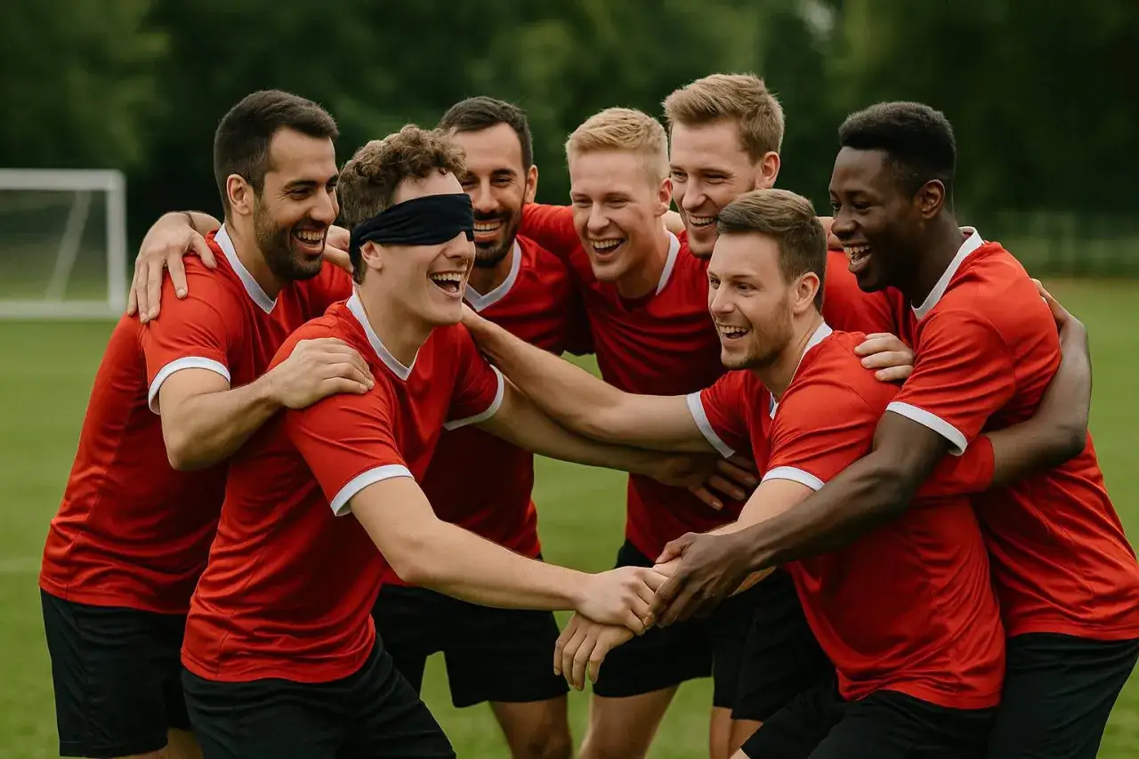 Fu&szlig;ballteam im Kreis, einer mit verbundenen Augen. Sie lachen und umarmen sich, als w&uuml;rden sie die Aufgaben des Mannschaftsrats besprechen.