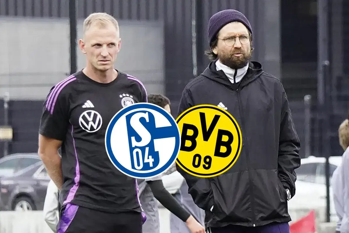 Zwei Trainer, Schalke 04 und BVB Logos. Peter Hyballa bisherige Trainerstationen.