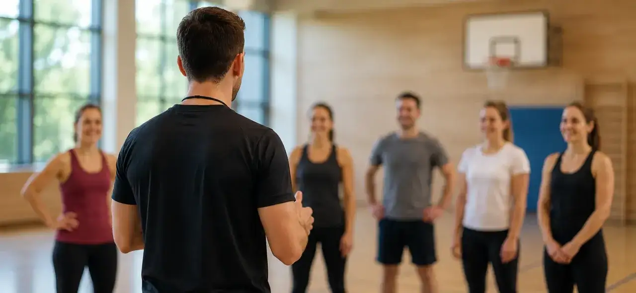 Trainer gibt Anweisungen in Sporthalle. Die Frage 