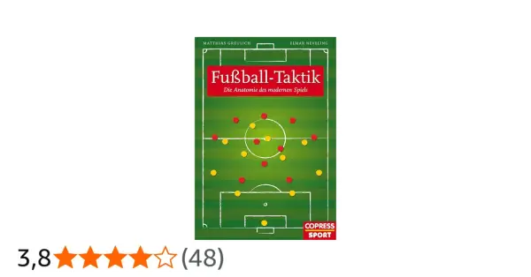 Buchcover "Fußball-Taktik" zeigt ein Spielfeld mit roten und gelben Punkten, die Spielerpositionen darstellen. Es erklärt, was ist Taktik im modernen Fußball.